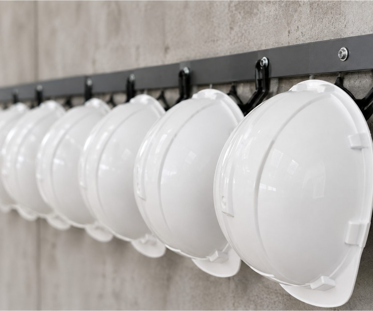 Une rangée de casques de chantier blancs suspendus à un mur de béton