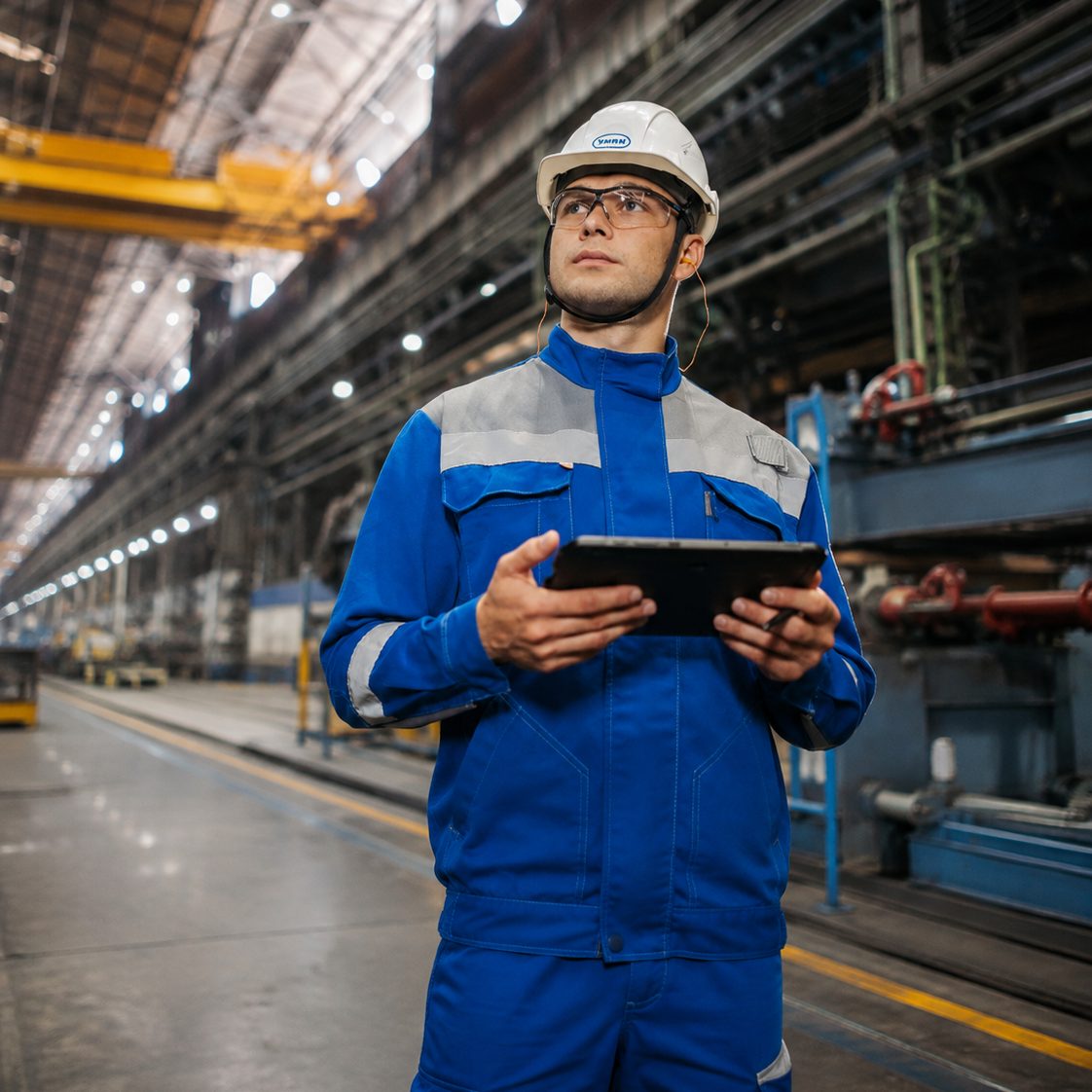 Un directeur de production consulte sa tablette dans un atelier industriel