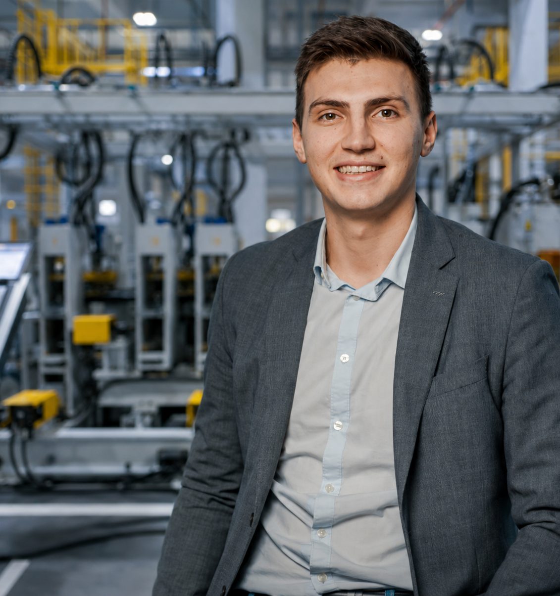 Jeune dirigeant souriant dans un atelier de production automatisé